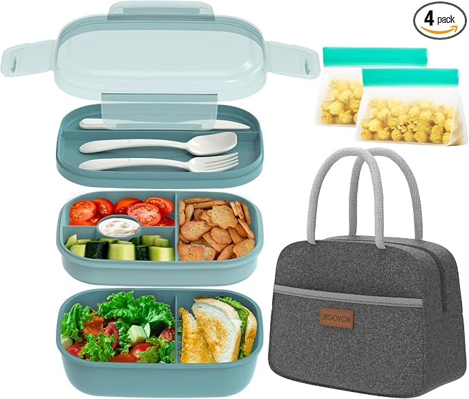 JBGOYON Leakproof Bento Box & Insulated Lunch Bag Set, 4-Piece, Gray/Green | 6-hour thermal retention, includes nested knife fork spoon, 2 reusable snack pouches, designed for adults and kids