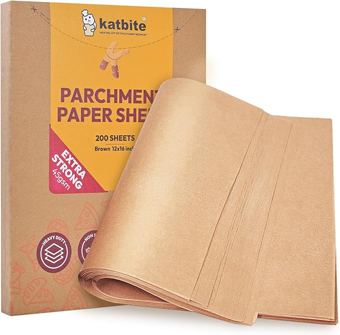 Katbite 200Pcs 12x16 In Unbleached Parchment Paper for Baking, Precut Parchment Paper Sheets, Heavy Duty Flat Baking Paper, Half Sheet Baking Sheets for Baking Cookies, Cooking, Air Fryer, Oven | Heavy Duty and Non-Stick Extra Strong Parchment Paper Sh...