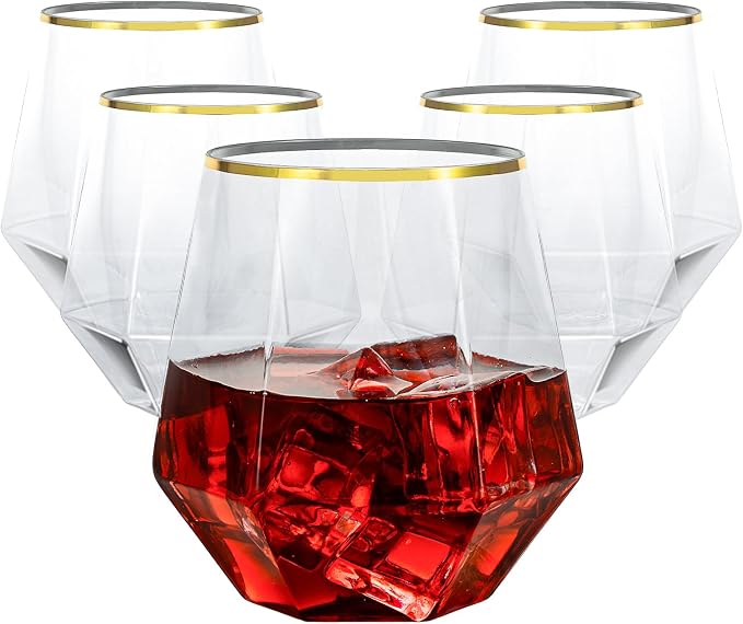 Goodluck 80PCS 12oz Diamond Stemless Plastic Wine Whiskey Glasses,Gold Rim | Disposable Cocktail Glasses, Suitable for Weddings, Birthday Parties, Family Gatherings, Bars, etc