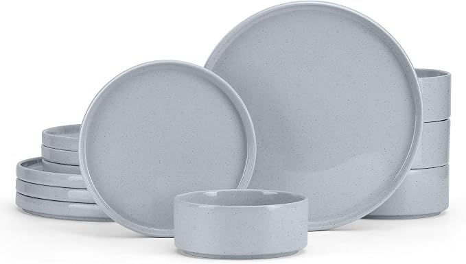E-far Stoneware Dinnerware Sets, 12-Piece Plates and Bowls Set for 4, Gray | Kitchen Modern Dishes Dining Ware, Chip and Scratch Resistant, Microwave & Dishwasher Safe, Speckled Gray