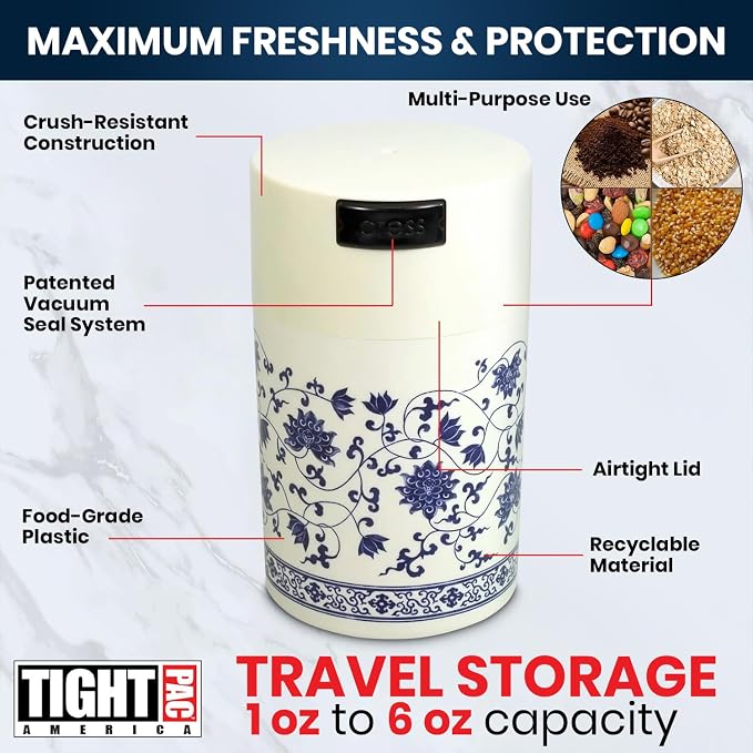 Tightpac America, Inc. Teavac 6-Ounce Vacuum Sealed Tea Storage Container, White Floral Design