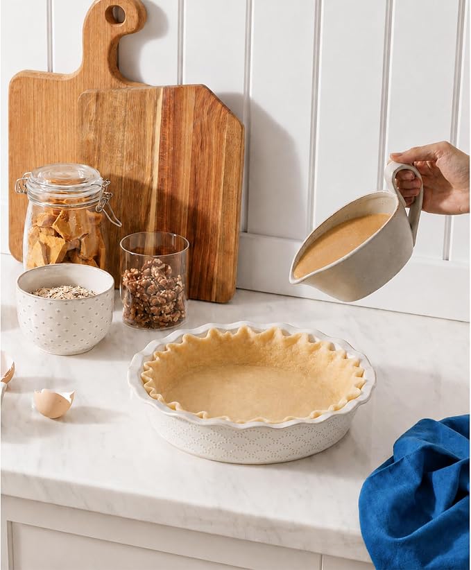 Deep Pie Dish for Baking, Ceramic Pie Pan for Apple Pie, Tart, Quiche Baking Dish, Farmhouse Decor Pie Plate, Deep Dish Pie Pan, Oven Safe, Off-White, Firework