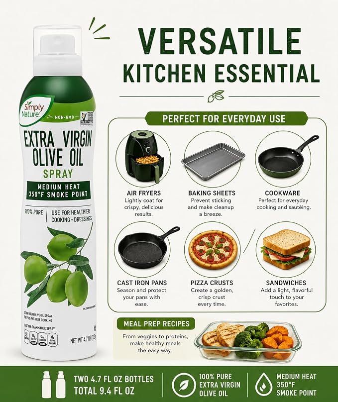 1 Bottle - Extra Virgin Olive Oil Cooking Spray – (4.7 fl oz) | Non-GMO Simply Nature All Natural Cooking Spray for Healthy Cooking Baking & Grilling Heart Healthy Olive Oil Mist for Everyday Use
