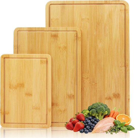 Bamboo Cutting Board Set of 3, Wooden Deep Juice Groove | Wooden Cutting Boards , Kitchen Appliances, Non Toxic, Charcuterie & Butcher Block for Meat, Meal Prep & Serving