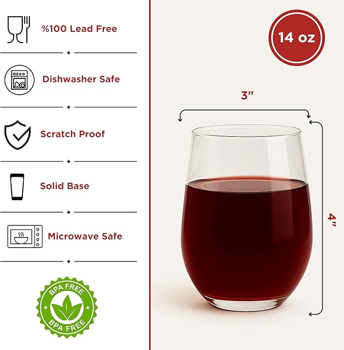 Stemless Wine Glasses Set of 6, Clear Tumblers for Red & White Wine, Cocktails, Scotch, Juice and Water, Drinking Glasses for Home Bar, Parties, Birthday, Wedding and Restaurant