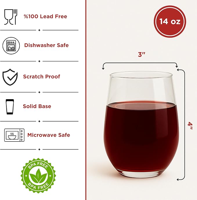 Stemless Wine Glasses Set of 12, Clear Wine Tumblers for Red & White Wine, Cocktails, Scotch, Juice and Water, Everyday Drinkware Glasses for Home Bar, Hosting, Parties and Housewarming