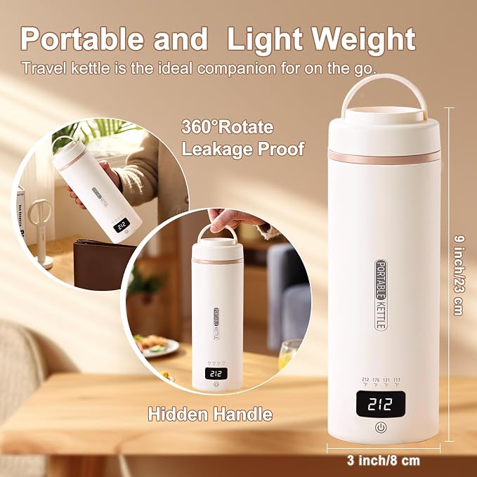 Travel Kettle, Portable Electric Kettle for 4 Temperature Controls, Cream | 304 Stainless Steel Liner, Auto Shut-off, 300W (120V) Fast Boiling, Water Bottle for Business Trips, Dorm & Office, 450ml