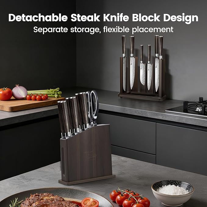 15-Piece Kitchen Knife Set with Magnetic Block, New for 2026 | Detachable Steak Knife Block for Table Service, Built-In Sharpener, Wood Handle, Damascus Pattern, Housewarming Gifts