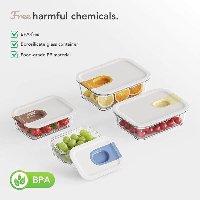 GGENICOOK 4 Pack Glass Produce Containers for Fridge with Slide Lid | 129oz Borosilicate Glass Food Storage Containers, Stackable Fridge Organizer, BPA Free, Microwave, Oven & Dishwasher Safe
