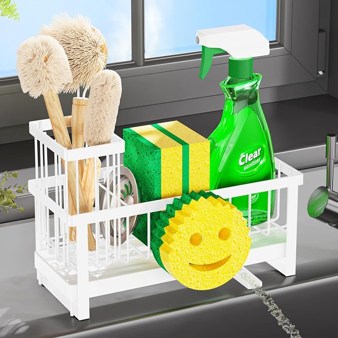 Sponge Holder for Kitchen Sink,Sink Caddy with Removable Dish Brush Holder,Self-Draining Kitchen Countertop Organizers and Storage Essentials,Soap Dispenser Organize and Home Decor-White
