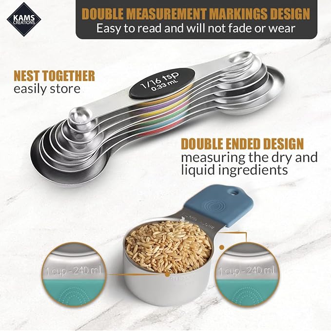 16PCS Magnetic Measuring Cups and Spoons Set with Leveler – Strong N52 Magnets, Premium 304 Stainless Steel, Double Sided Measuring Spoons, Easy to Read Engraved Measurements for Baking & Cooking