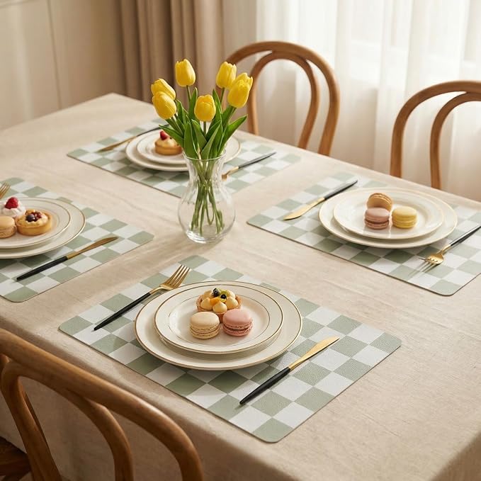 Set of 6 Checkerboard Non-Slip Washable Placemats for Dining Table | Waterproof & Heat-Resistant Faux Leather Mats | Easy Wipe Clean Tablemats for Indoor Dining, 17’’×12’’, Sage Green