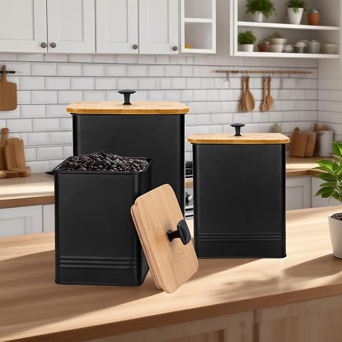 Kitchen Canisters Set of 3, Metal Flour Sugar Storage Containers with Airtight Lids-Canisters Sets for Kitchen with Customizable Chalkboard Labels & Marker Pen-Spice, Coffee Storage Jars(Black)