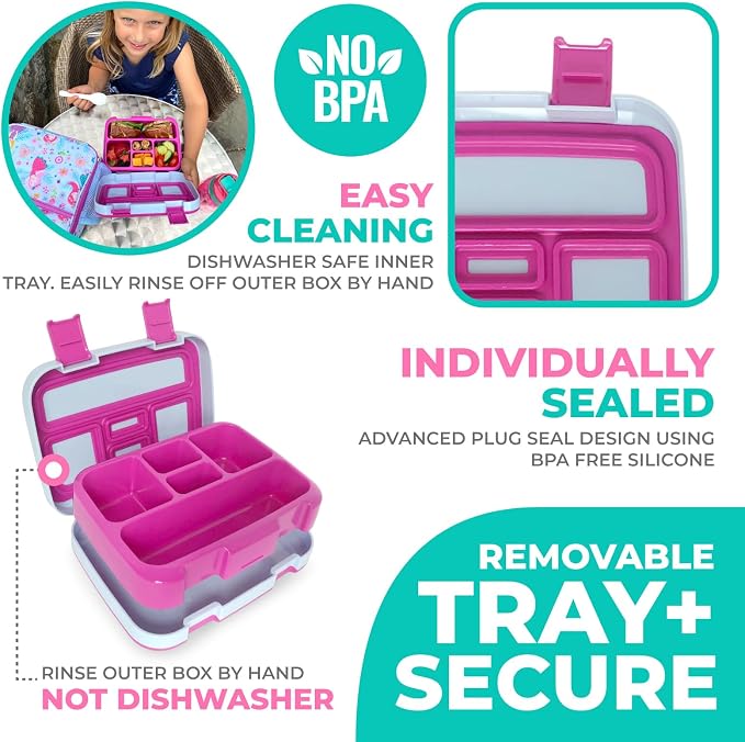 kinsho Bento Lunch Box, Bottle, Ice Pack & Bag, Pink Purple Fairy Princess | 5 Leakproof Portion Compartments, BPA-Free Removable Tray, Meal or Snack Container for Kids, Toddlers, Pre-School & Daycare