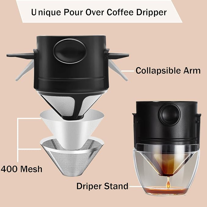 Portable Pour Over Coffee Maker Kits Coffee Filter Mug Coffee Drippers Cup Bottle Includ Straw Cleaning Brush and Spoon for Home Office,Travel, Camping 20Oz