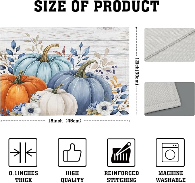 Thanksgiving Placemats Set of 6 18x12 Inch Fall Blue Pumpkin Linen Place Mats Heat-Resistant Washable Wipeable Autumn Leaf Floral Wood Grain Table Mat for Party Kitchen Dining Room Dinner Table Decor
