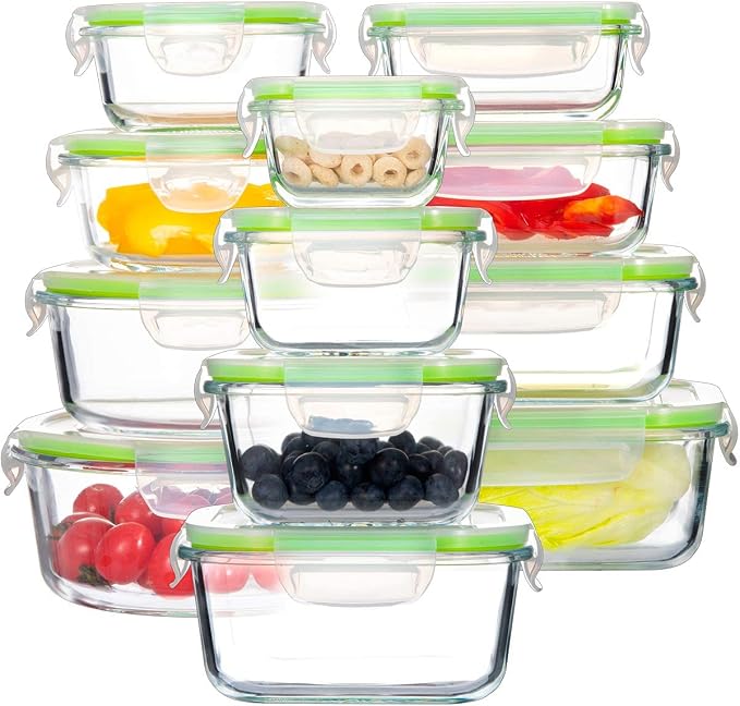 Airtight Meal Prep Containers for Food Storage [24 Piece] Leak Proof, Glass Bento Boxes for Lunch (12 lids & 12 Containers)