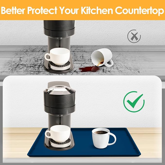 Silicone Coffee Maker Mat with Lip for Countertops, 19.7'' x 15'' Navy Blue | Multi leak-proof coffee tray for countertop, non-slip silicone tray for under coffee machine espresso accessory, wipe-clean