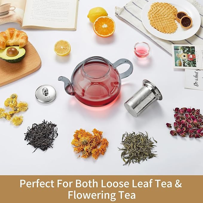 DOPUDO 40OZ (1200ML) Glass Teapot with Infuser Stovetop Safe, Clear Glass Tea Pot Kettle, Borosilicate Tea Pot with Infusers Filter for Loose Tea, Tea Kettle Dishwasher Safe (Black)