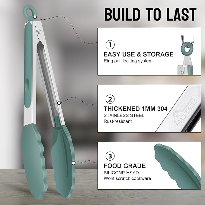 HOTEC Premium Stainless Steel Locking Kitchen Tongs with Silicon Tips, Set of 3-7", 9" and 12" (Sage Green)