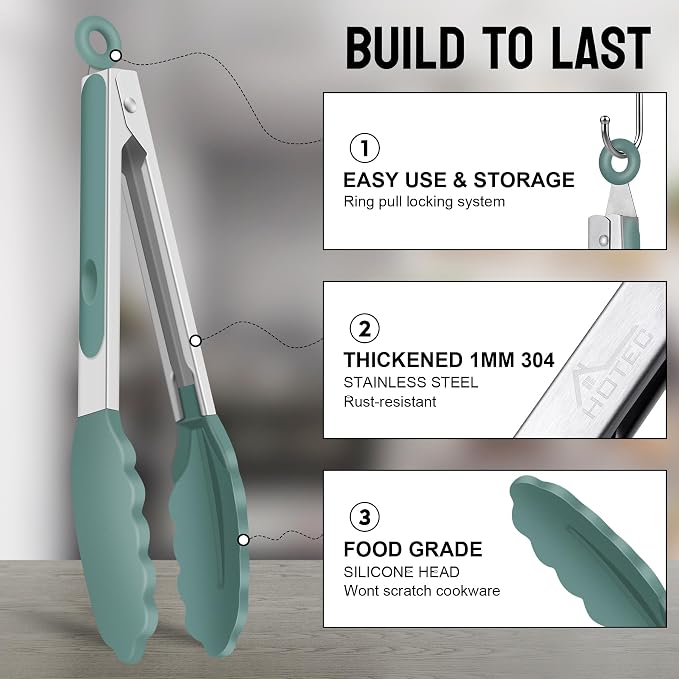 HOTEC Premium Stainless Steel Locking Kitchen Tongs with Silicon Tips, Set of 2-9" and 12", Sage Green