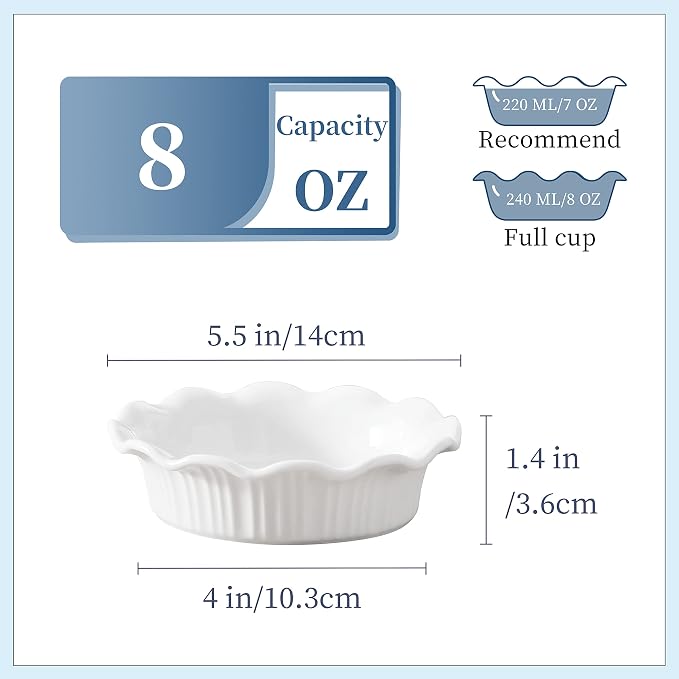 LOVECASA Ceramic Mini Pie Pans Set of 6-5.5 Inch Oven Safe Small Pie Dishes, Nonstick Mini Pot Pie Baking Tins for Chicken Pot Pie, Tarts, Quiches & Desserts, Stackable Ruffled Rims, White