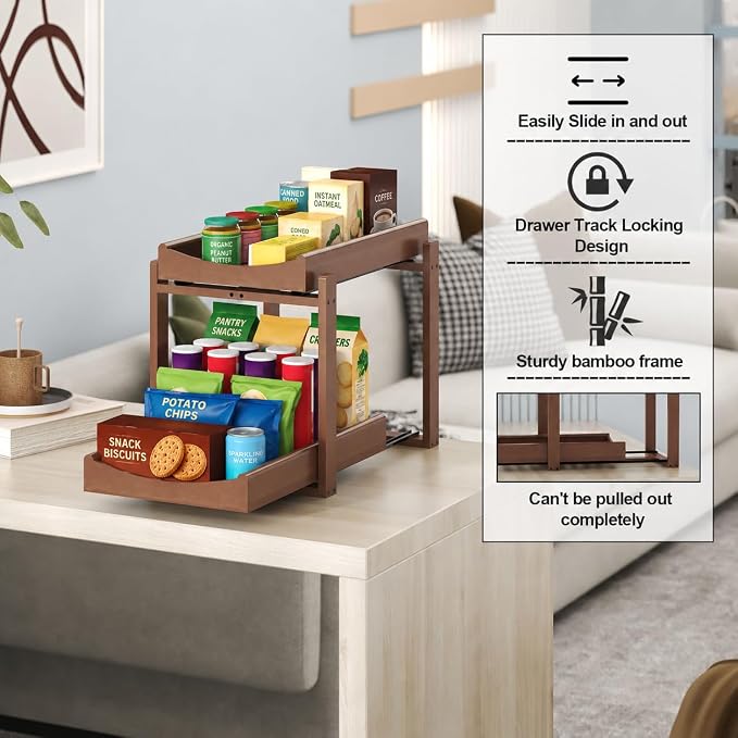 MHXW SXPN Bamboo Under Sink Organizer, 2 Pack Pull Out Cabinet Organizer | 2 Tier Vertical Smooth Slide Out Undersink Storage Shelf | Multi-Purpose Organizer Shelves for Kitchen Bathroom Medicine