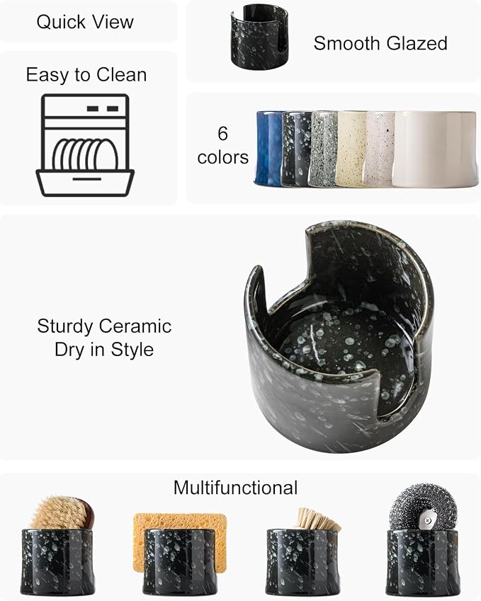 Zoeeker Sponge Holder for Kitchen, Ceramic Sink Caddy Scrub Sponge Rack | Dish Brush Rack Scrubbers Holder Scouring Pad Holder for Kitchen Sink, Bathroom, Kitchen Storage Organizer Accessories, Black