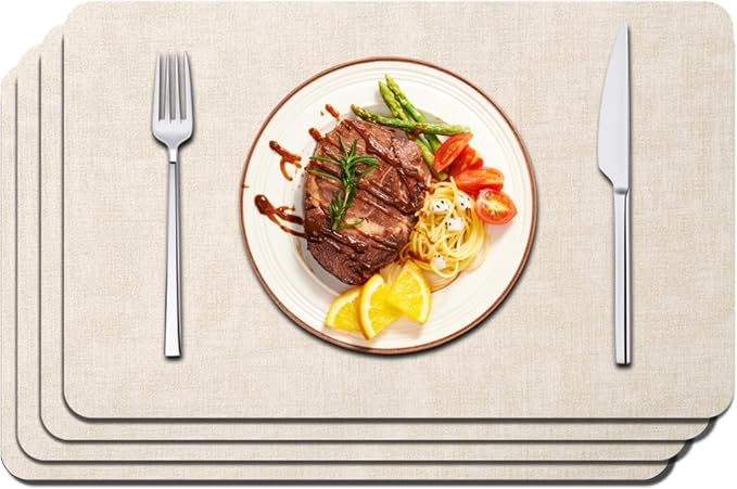 Maxpearl Faux Leather Placemats Set of 4, Easy to Clean, Beige | Waterproof - Heat Resistant - Non Slip - Wipe Clean Dining Table Place Mats, Suitable for Indoor & Outdoor Use, 17''×12''