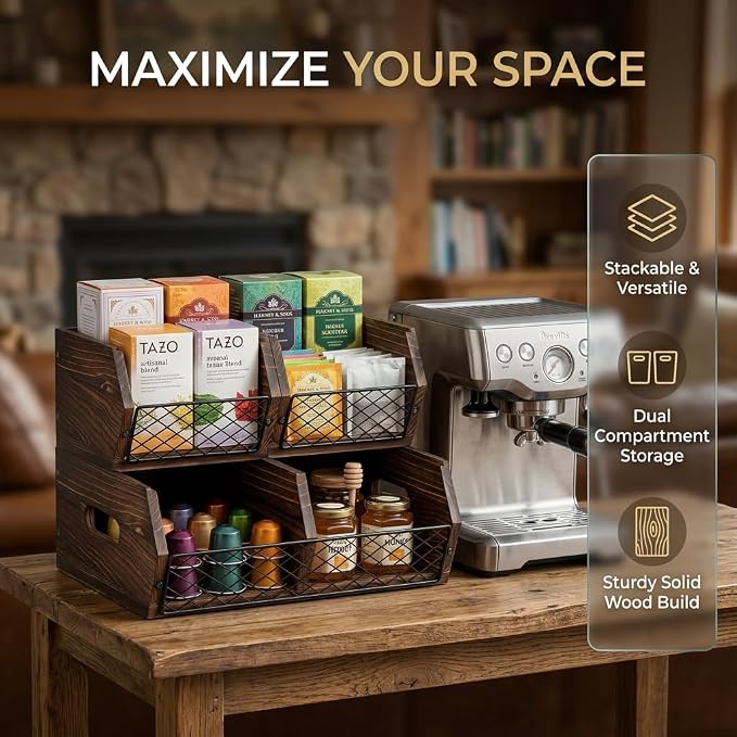Wood Potato and Onion Storage Bins, Stackable Pantry Organizer, Rustic Produce Storage Baskets for Vegetable, Fruit and Snack