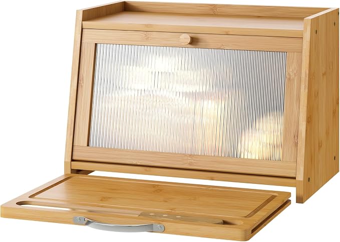 kiplant Bread Box with Cutting Board, Bamboo Bread Box for Kitchen Counter, Bread Storage Container with Wavy Arcylic Transparent Door (Natural)
