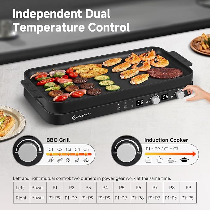 AMZCHEF Double Induction Cooktop with Removable Griddle Pan Non-stick,Black | 1800W 2 burner Portable Induction Stove With Sensor Touch 9 Power Levels, 99 Min Timer, Child Lock, Suitable for Kitchen, BBQ