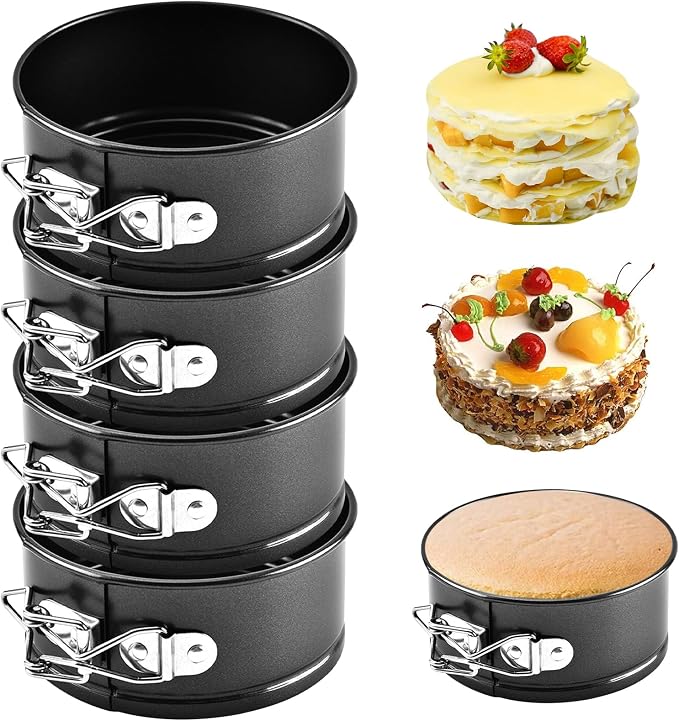Mini Springform Pans, 4 Pack 4 Inch Cheesecake Quiche Baking Pans | Nonstick mini cheesecake pans with removable bottoms and spring latches for quiche, tart, pie and small cake baking
