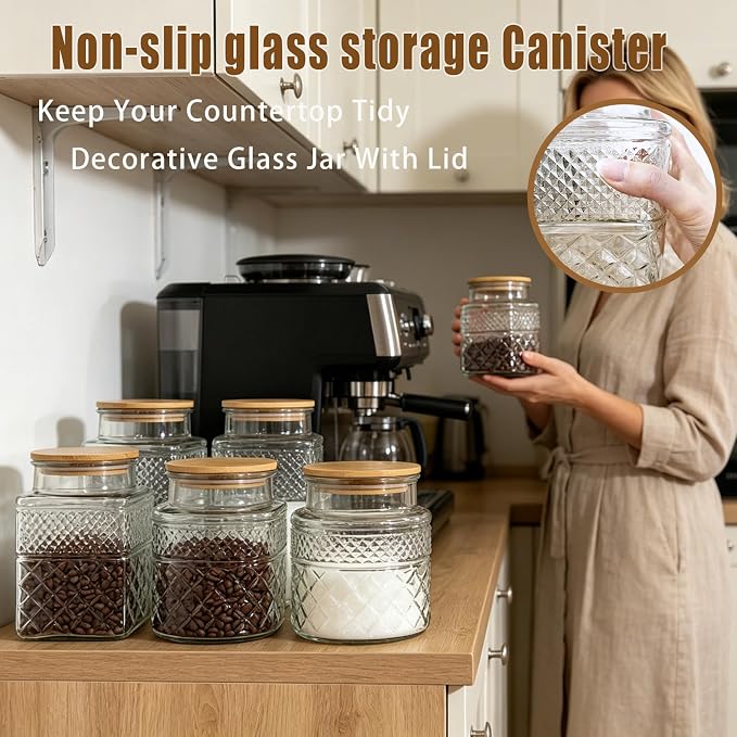 60oz Coffee and Sugar Container Set of 2 Glass Jar with Airtight Lid | Decorative Glass Food Storage Jars Wood Lids Spoon Vintage Canister for Sugar Candy Coffee Bean Tea Nuts Snack Dog Treat