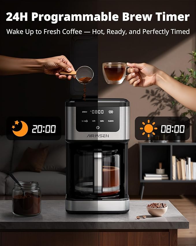 AIRMSEN 14-Cup Programmable Drip Coffee Maker | 1000W Fast Brew, 24H Timer, 2-Hour Keep Warm, 4/6/8/10/14-Cup Selection, 73oz Tank & Glass Carafe for Home Office