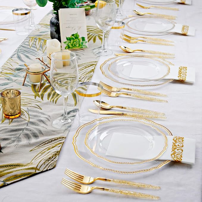 175 Pcs Clear Gold Plastic Plates, Serves 25, for Wedding & Party | Clear plastic plates with elegant gold rim & glitter-handle cutlery. Perfect for weddings. Durable and easy to clean.