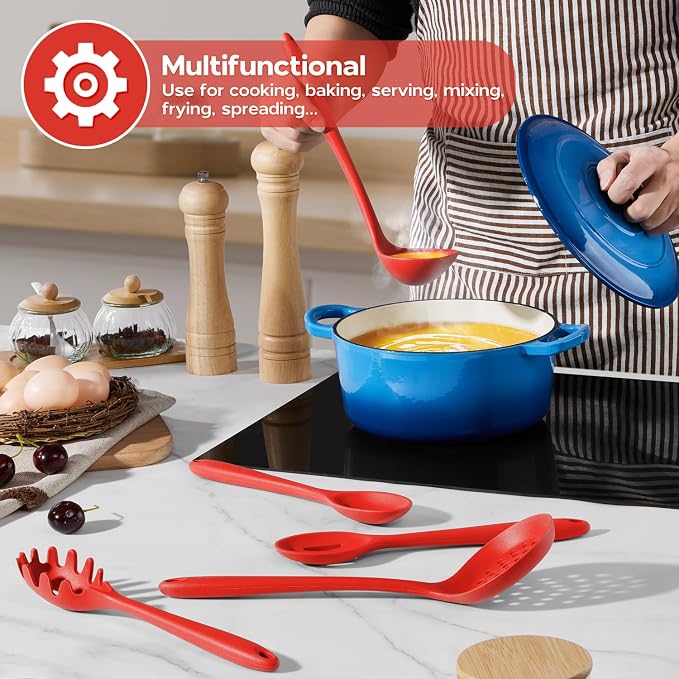 Onader 10 Pieces Cooking Utensils Set, Red Silicone Kitchen Utensils Set for Cooking, Non Toxic & Heat Resistant