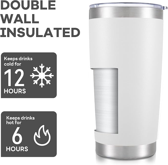 20 oz Tumbler with Lid Stainless Steel Insulated Tumblers Bulk Cups Mug | Double Wall Vacuum, Powder Coated, Keep Drinks Cold and Hot, Waterproof Lid, Fit of Car Cup Holders, White, 4 Pack