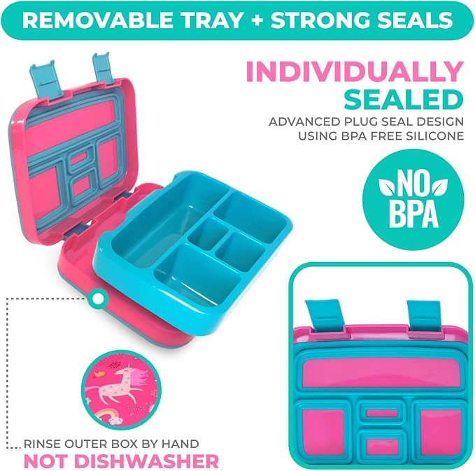 kinsho Bento Lunch Box Container for Kids Boys, 2 Pack (Unicorn Dinosaur) | 5 Portion Sections, BPA-Free Spill-Proof Leakproof Removable Plastic Tray, Snacks and Lunches for Toddlers Pre-School Daycare