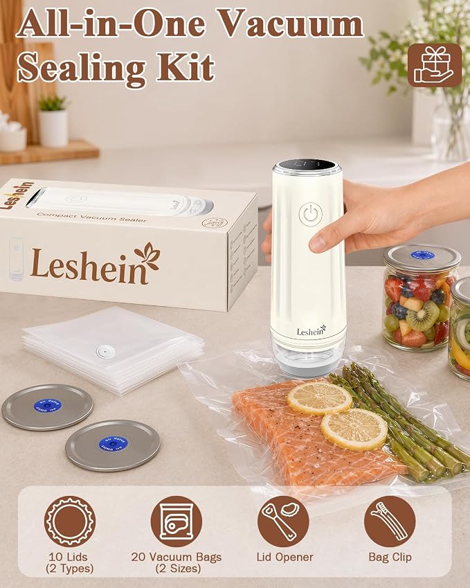 Leshein Compact Vacuum Sealer for Food, Portable Mason Jar Vacuum Sealer | With Bags And Mason Lids, Built-in UV Light, Auto Stop, Quick Sealing Speed, Smart Display, Easy to Clean, Long Lasting