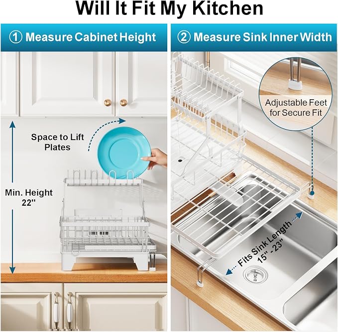 Large Expandable 2 Tier Dish Drying Rack - Over Sink & Counter Use | Extendable Drying Space, Auto-Drain Spout, Stable Screw-Fixed Frame, Cup & Utensil Holder, Rust-Resistant Kitchen Rack, White
