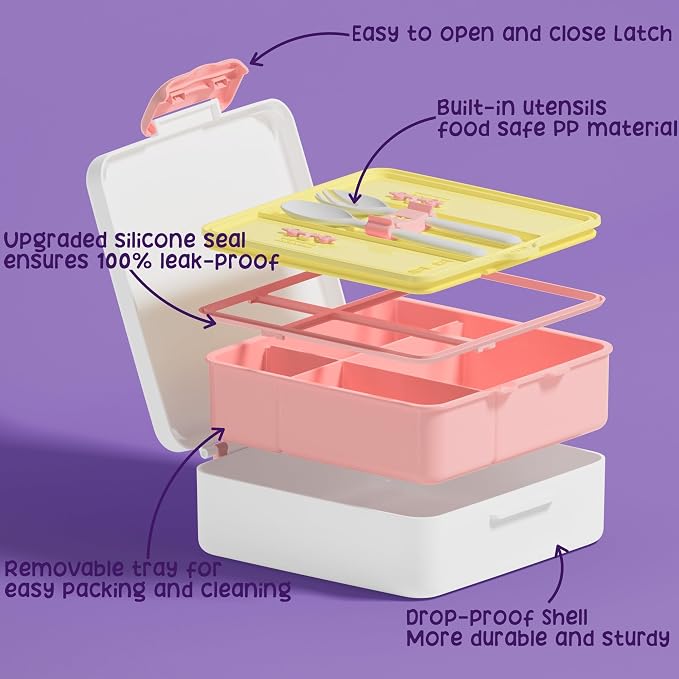 Fimibuke Kids Bento Snack Lunch Box with Thermo Insulated Toddler Lunch Bag | Lunch Box Kids with 4 Compartment, Food Jar, Ice Pack, Utensils, Birthday Gifts for Ages 3-12 Back to School Toddler Girl Boy