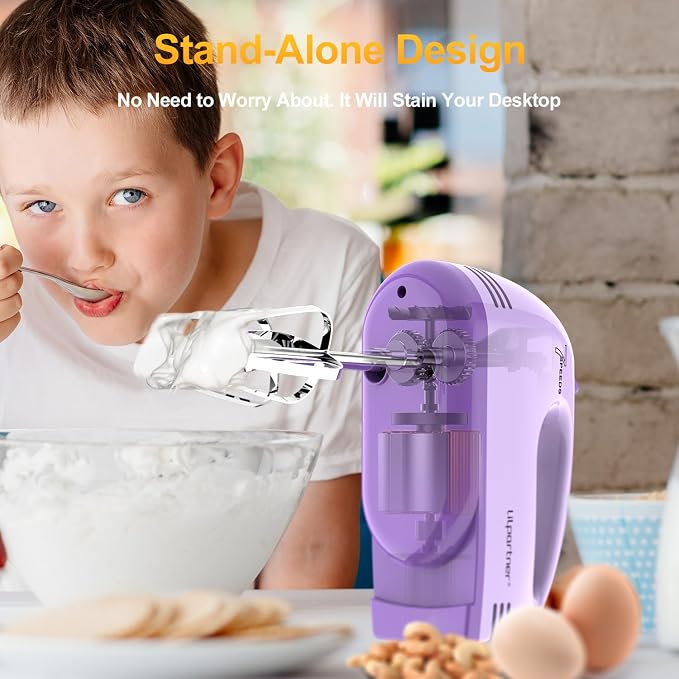 LILPARTNER Hand Mixer Electric, Ultra Power Kitchen Hand Mixer With 7-Speed & 5 Stainless Steel Accessories for Whipping Dough, Cream, Cake, Dishwasher Safe, Light Purple