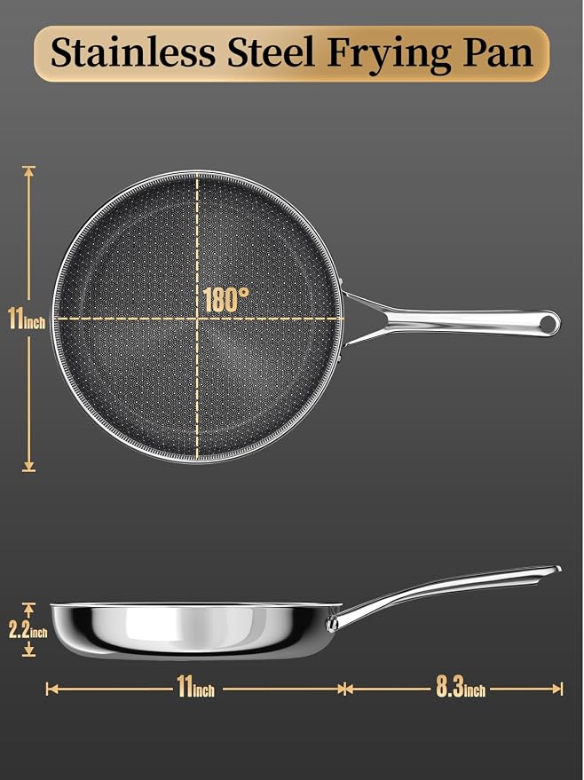 11 Inch Non Stick Frying Pans,Ceramic Nonstick Coating Skillet | Stainless Steel, PFAS/PFOA/PTFE-free & non-toxic. Compatible with All Stovetops. Oven & dishwasher safe. Stay cool handle