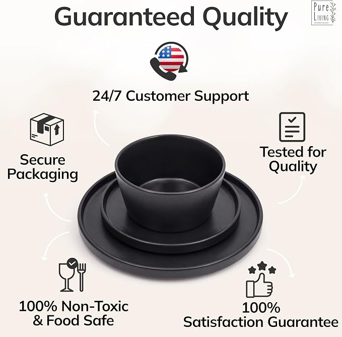24 Piece Black Dinnerware Set for 8 | Matte Black Plates and Bowls Sets, Modern Stoneware Black Dishes Set | Scratch Resistant, Dishwasher & Microwave Safe | Matte Black Finish Ultra-Chic & Modern