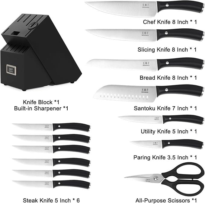 Professional Kitchen Knife Set, 15 Pcs Sharp Kitchen Knife Set with Built-In Knife Sharpener, Dishwasher Safe, German Stainless Steel Knife Block Set for Home Kitchen Gifts, Black