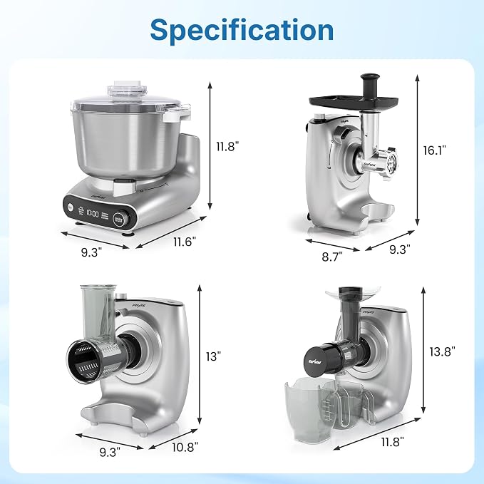 Electric Dough Mixer, Stand Mixer with Meat Grinder, Juicer | 4-in-1 Multifunctional Stand Mixer with Salad Maker 5.3QT Dough Mixer with Fermentation and Stainless Steel Bowl home Kitchen