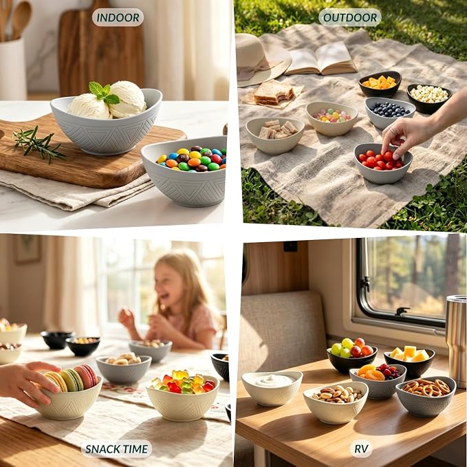 Unbreakable Snack Bowls,Wheat Straw Small Bowls,10 OZ Plastic Bowls Alaternative for Soup,Chip,Cereal,Microwave & Dishwasher Safe Bowls for Kithcen,Camping,Picnic(6PCS,Grey Stone)