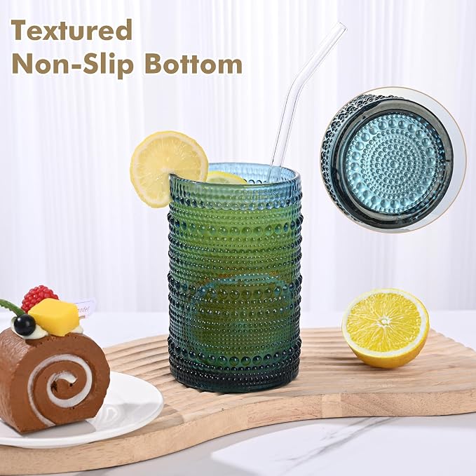 ZMOWIPDL 12oz & 15oz Hobnail Drinking Glasses,Blue Glass Cups Set of 8 | Vintage Highball Glassware，Kitchen Drinkware，Embossed Water Tumbler,for Beer,Cocktail,Whiskey,Juice,Various Mixed Drinks