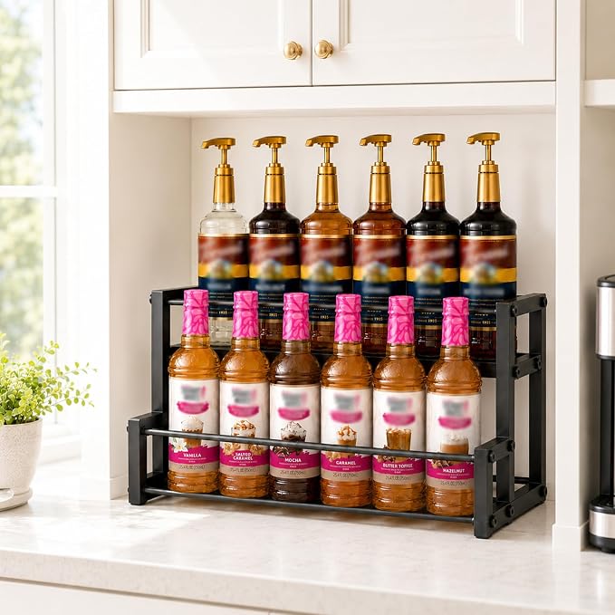 Gifhomfix Expandable Coffee Syrup Organizer, 2-Tier Heavy Duty Syrup Stand Holds 6 to 12 Syrup Bottles for Coffee Bar Accessories, Adjustable Width Bar Shelf, Wine Holder Countertop for Syrup, Wine